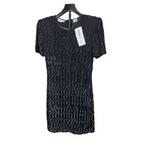 Night Vogue Vintage Silk Beaded Sequin Mini Dress Iridescent Black Blue Womens S